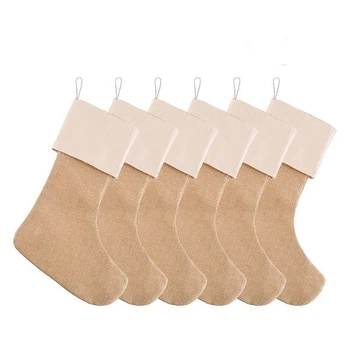 

WSFS Hot 6Pcs Christmas Stockings Gifts Candy Bag Santa Claus Sock Christmas Tree Home Decoration Linen Cotton Striped Hang Cand