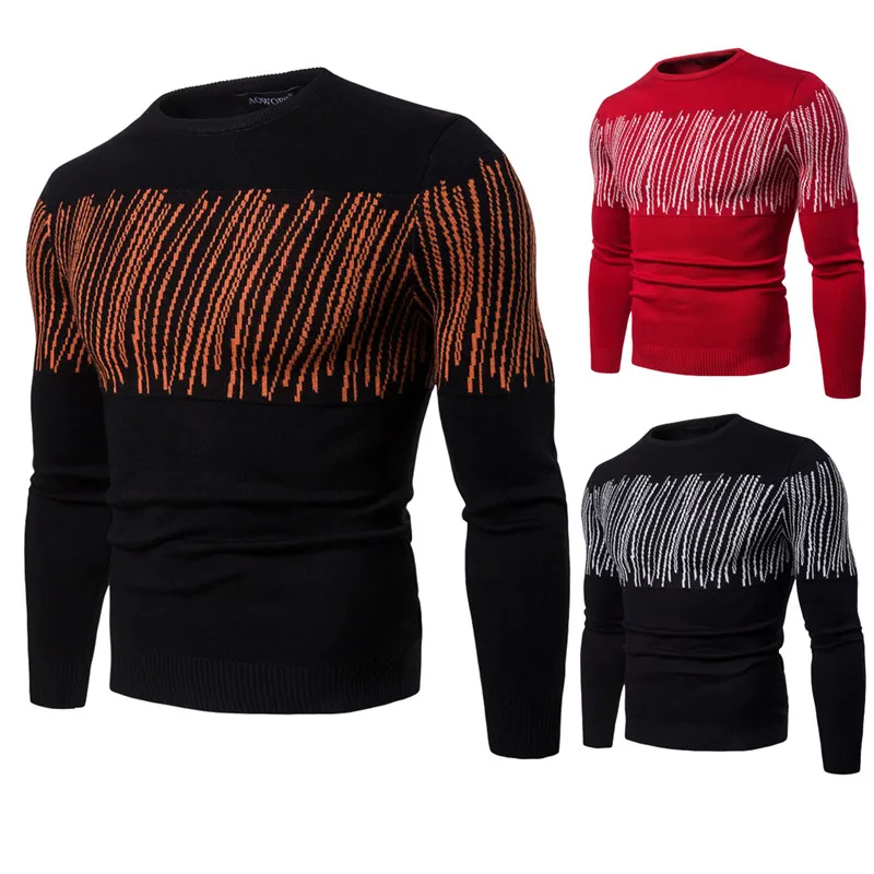 

2019 Nice Men Cotton Stripe Pattern Knitting Slim Sweater High Quality Men Round Neck Long Sleeve Pullover Sweater Black Red