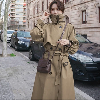 

2020 Spring Long Trench Coat Women Overcoat Korean Casual Solid color Double-breasted Windbreaker Women Loose Outwear Tide G138