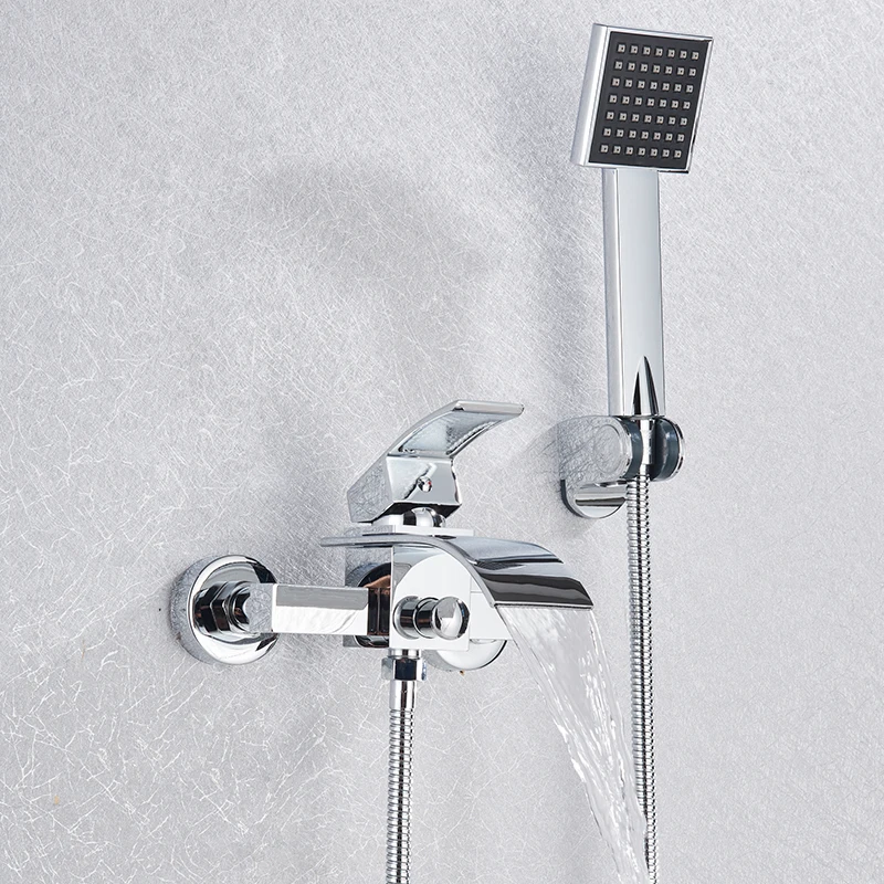 Gold Bathtub Faucet Waterfall Shower Faucet Wall Mounted Hot Cold Water Mixer With Hand Shower Set System For Bathroom 2