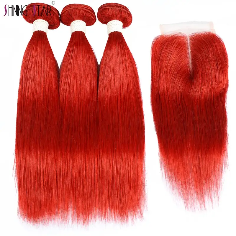 

Red 99J Colored 3 Bundles With Closure Peruvian Straight Human Hair Bundles With Closure Shining Star Hair Nonremy Pre Plucked