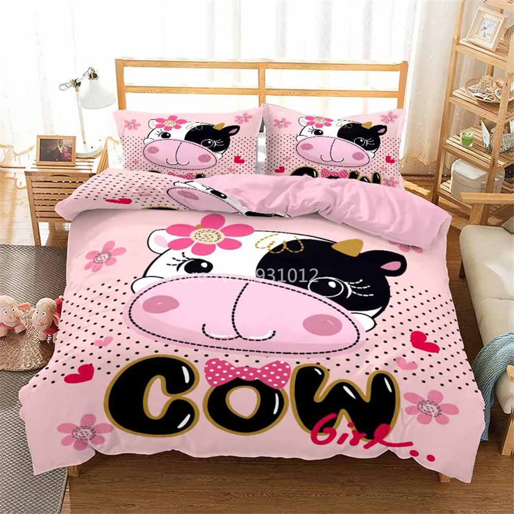 Cartoon Cow Duvet Cover Kids Single King Size Bedding Set Comforter