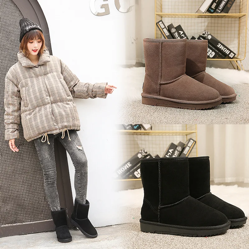 

New Style Winter Warm Dull Polish Genuine Leather Snow Boots Women's Breathable Anti-slip Thick Tube Winter Boots Snow Boots plu