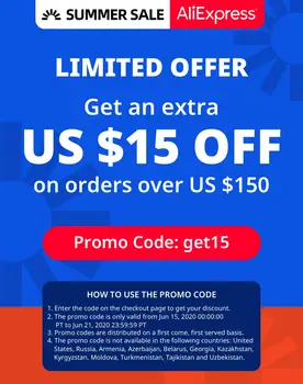 

Aliexpress discount US15$ off on orders over 150$ Coupon Code: get15