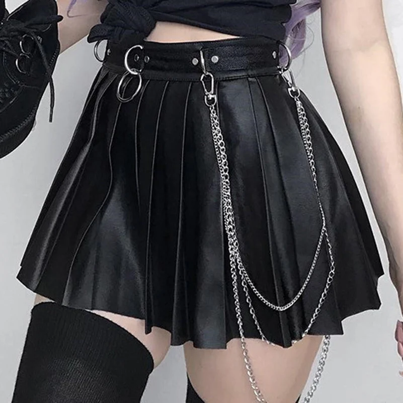 

Goth Dark Grunge Punk Summer Gothic Skirts for Women Streetwear Zippper Rivet Pleated Black Metal Ring Skirt PU Sexy Mini Skirts