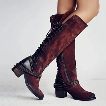 

New Women Boots Autumn Winter Women Knee High Boots Casual Vintage Leather Lace Up Riding Boots Low Heel Boots Plus Size 35-43