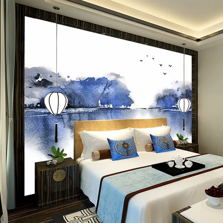 

Chinese Style Hand-Painted Jiangnan Ink Landscape Frameless Painting Television Sofa Wall Living Room Library Room Wallpaper Mur