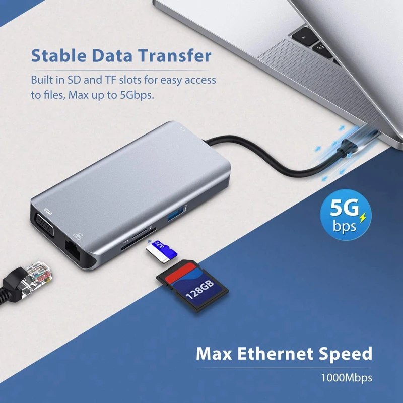 USB C концентратор, Тип C адаптер переменного тока, 10-в-1 ключ с Ethernet, 4K HDMI, VGA, 3 USB3.0, светодиодный дисплей, SD/TF Card Reader устройство чтения карт, Mic/аудио, USB-C PD 3,0, совместимость f