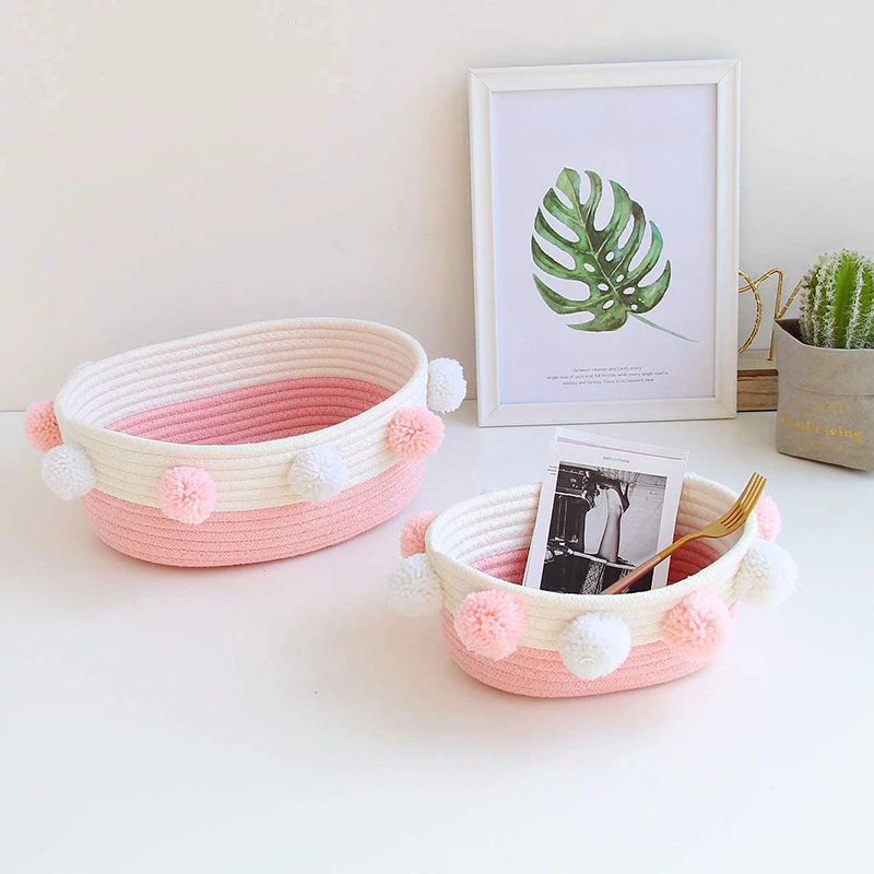 Desktop Shelf Storage Organizer Handmade Woven Small Cotton Rope Pink Storage Basket with Pompoms Oval Decorative Baby Basket for Books Pet Toy