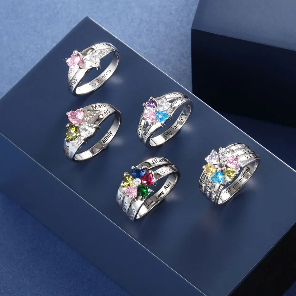 Personalized 925 Sterling Silver Mothers Ring with Birthstones