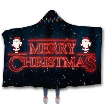 

Christmas Printed Plush Hooded Blanket For Adults Kid Warm Blankets For Beds Wearable Double layer Fleece Throw Blankets