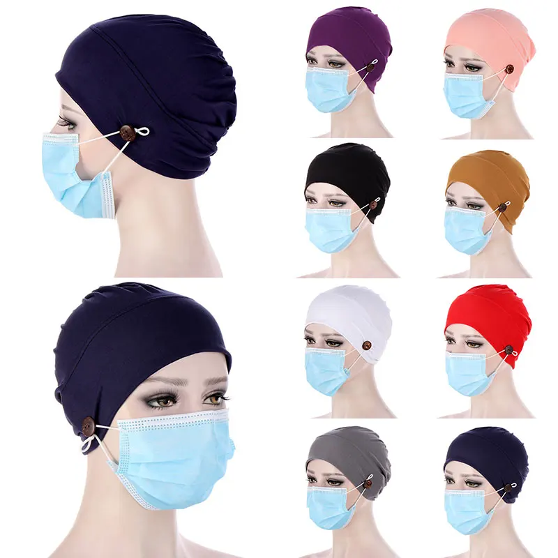 Women Muslim Turban Head Wrap Hat With Button Headwear Headscarf Bonnet Inner Hijabs Cap Muslim Hijab Chemo Hats Turbantes Caps