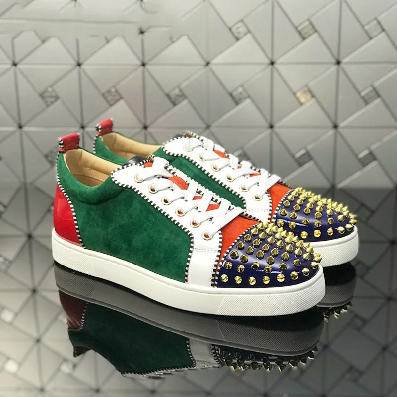 

2019-20 Mixed Color Men's Casual Flats Shoes Patchwork Spikes Head Lace Up Flock Luxury Brand Men Shoes Leisure Style Men Shoes