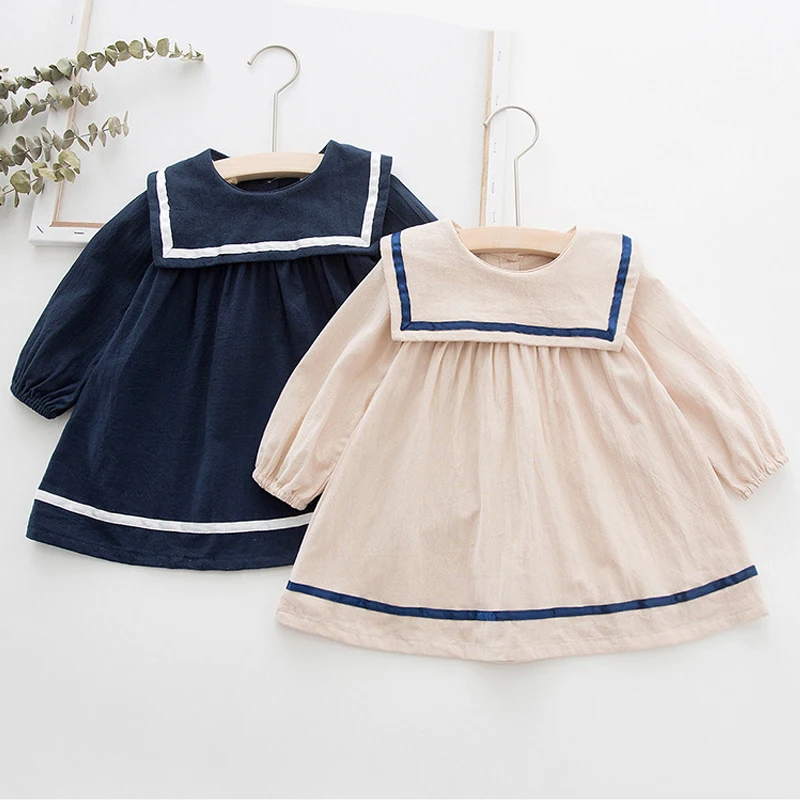 Spring Autumn Children'S Clothing Navy Lapel Trend Preppy Style Long Sleeve Dress For Girls Toddler Warm Christmas | Детская одежда