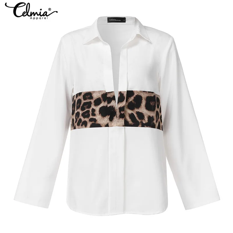 Celmia 2020 Sexy Leopard Stitching Blouse Womens Clothing Autumn V-Neck Long Sleeve Shirts Casual Loose Tops Vintage Blusas 5XL