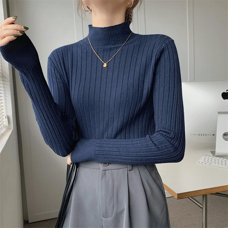 

Elegant Half High Collar Long Sleeve Slim Sweater For Women Spring Autumn Pullover Knitting Top Lady Autumn Winter Basic Jumper
