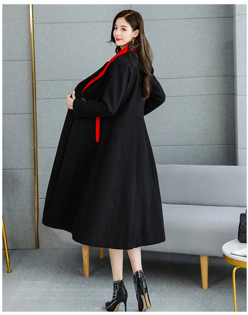 Красное шерстяное Женское пальто осень зима модная Высококачественная куртка женское плотное шерстяное пальто плюс размер 3XL офисное платье
