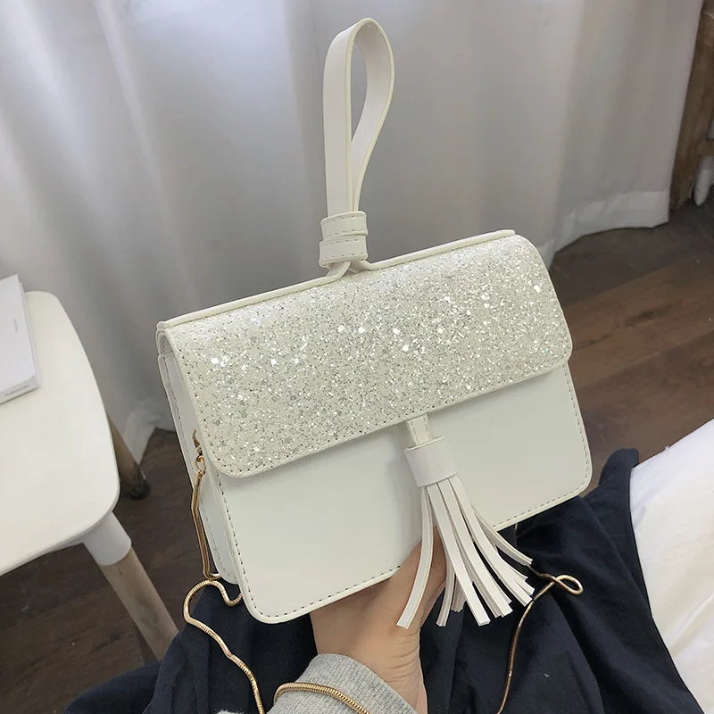 

Horizontal And Vertical-WOMEN'S Bag 2019 New Style Solid Color Korean-style Tassels Hong Kong Style Shoulder Chain Square Sling