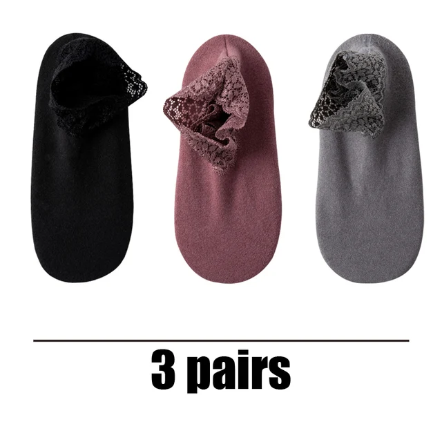 3 Pairs Women Winter Socks Warm Thicken Thermal Soft Solid Color Socks Wool Cashmere Snow Boots Velvet Lace Home Floor Sock Gray