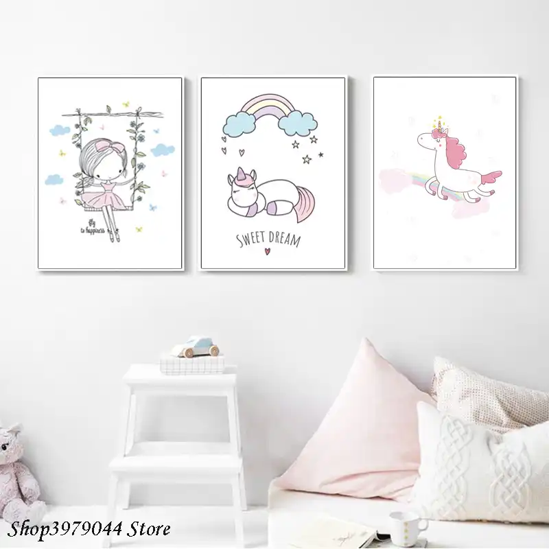 Bebek Kiz Kres Baski Gokkusagi Karikatur Boyama Pembe Unicorn Afis