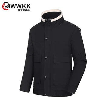 

WWKK 2019 Men's Fashion Business Outwear Jacket Waterproof Autumn Winter Hooded Letter Solid Color Casual Fashion Loose Clothing