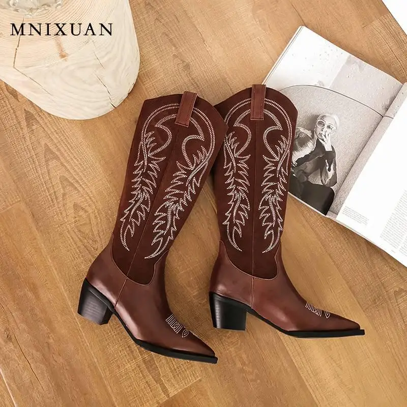 MNIXUAN Designer Brand Luxury Women Shoes Western Boots winter new genuine leather pointed toe black punk high heel boots