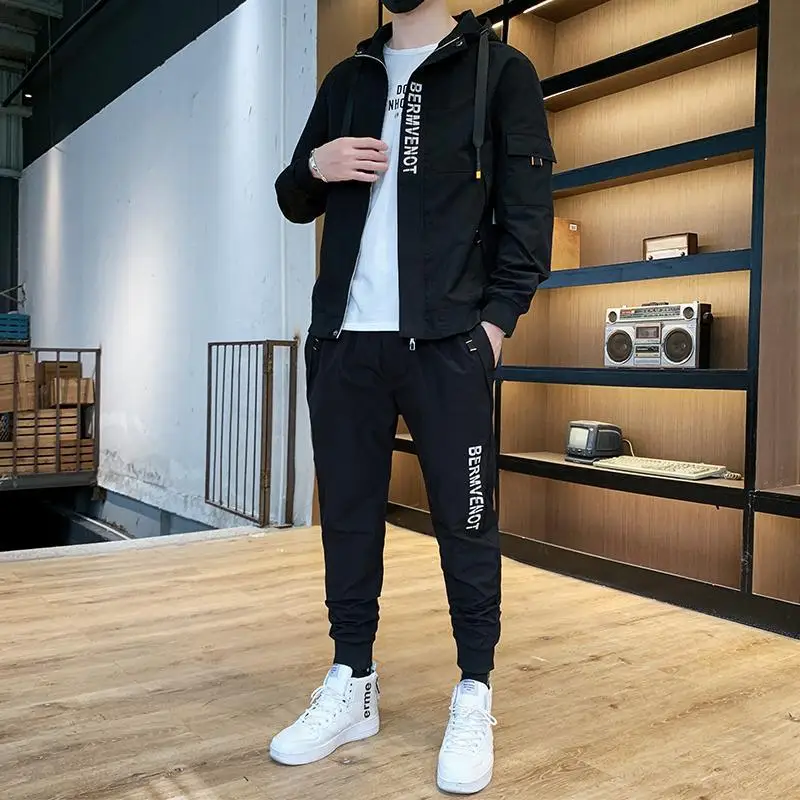 

Men's Sports Leisure Suit 2019 New Style Korean-style Trend Workwear Jacket Men's Spring And Autumn Hooded Two-Piece Set