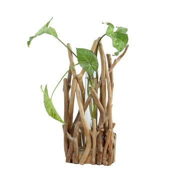 

1 Set Glass Vase Tube Shape Clear Flower Bottle With Wooden Shelf Wood Stand Hydroponic Glass Container Home Decor Ornament