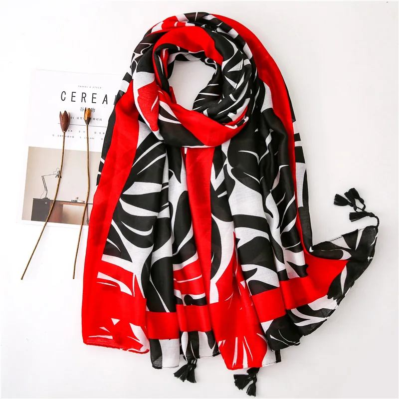 Marte& Joven Модный черный шарф с принтом листьев для женщин Мягкий Красный Полосатый Летний Пляжный пашмины женский зимний теплый шарф кашемировый
