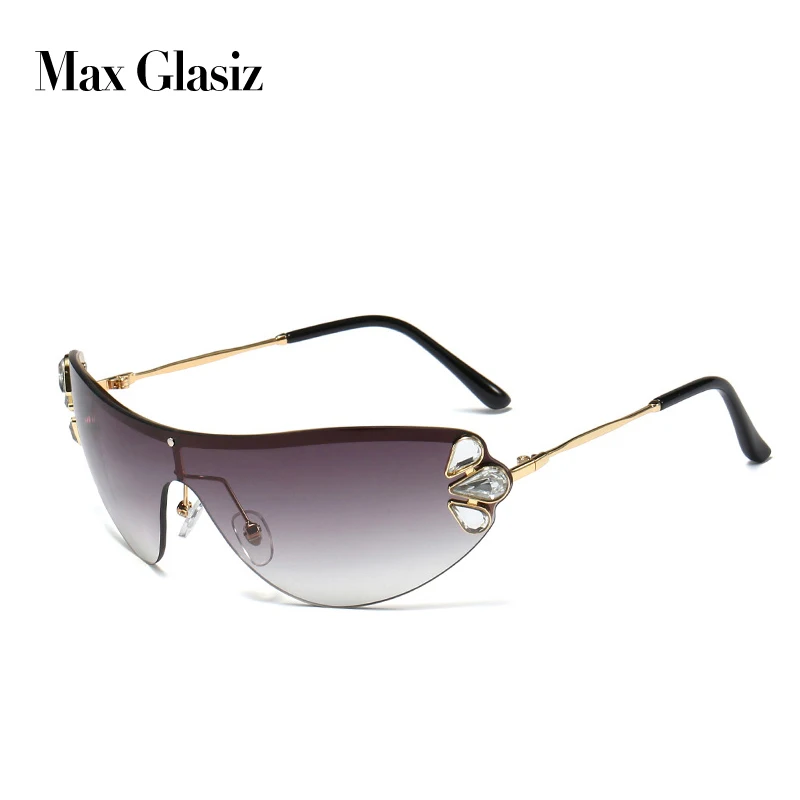 Max Glasiz, модные, металлические, без оправы, большие, солнцезащитные очки для женщин, соединенные линзы, высокое качество, стразы, декоративные, солнцезащитные очки - Цвет линз: black w smoke