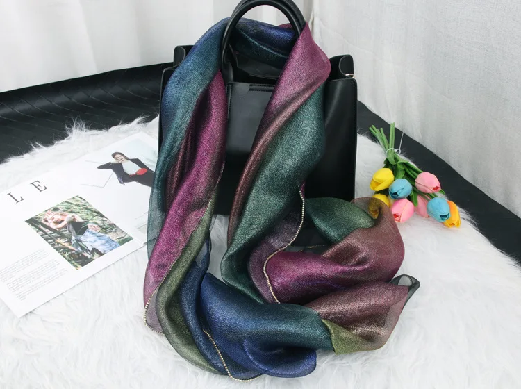 Для женщин шарфы для Двусторонний Шелковый мягкий длинный широкий шарф с бусины Новинка 2019 года дамы шаль