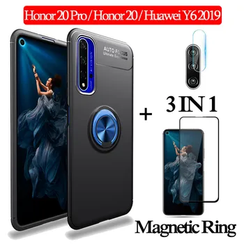 

3-in-1 Glass + Magnetic Silicone Case for Honor 20 Pro Soft phone Case huawei y6 2019 Full Cover honor 20 pro magnetic ring Case
