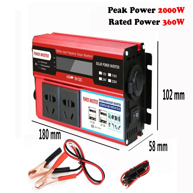 Автомобильный Инвертор DC12/24 V к AC110/220 V синусоидальный преобразователь цифровой дисплей 4 USB интерфейсы 2000W Пиковая мощность солнечной энергии домашнего использования