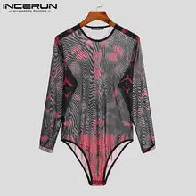 

Stylish Men's Net Yarn Rompers Printing Long Sleeve Bodysuit Round Neck Loungewear Stretch Triangle Jumpsuit S-5XL 2021 INCERUN