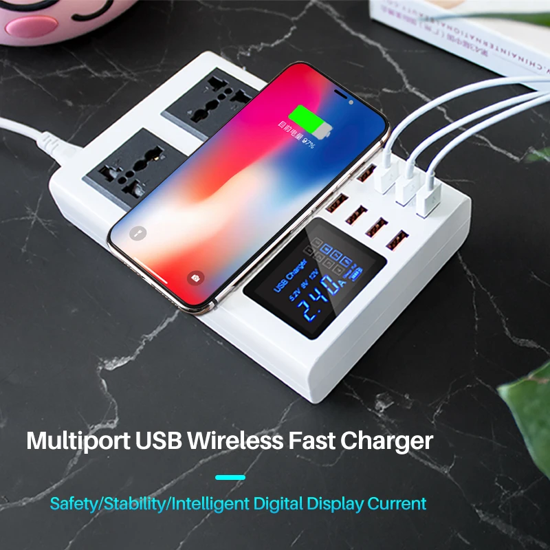QC3.0 Quick Charger Wireless 8 port USB Charger Smart Universal for iphone X 7 Samsung S10 Xiaomi Desktop ac Socket Adapter Hub