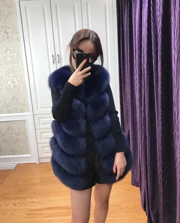 Женское пальто из искусственного меха осень-зима, модное повседневное теплое тонкое длинное пальто без рукавов с карманами из искусственного лисьего меха, женская меховая куртка - Цвет: Синий