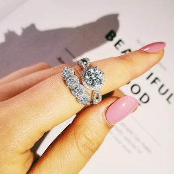 

2020 new luxury round 925 sterling silver wedding ring set for women lady anniversary gift jewelry bulk sell Black Friday R5137