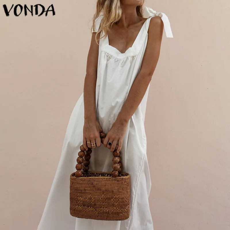 Сарафан для беременных VONDA, винтажное повседневное Хлопковое платье макси, сексуальное женское платье без рукавов, однотонное платье для беременных