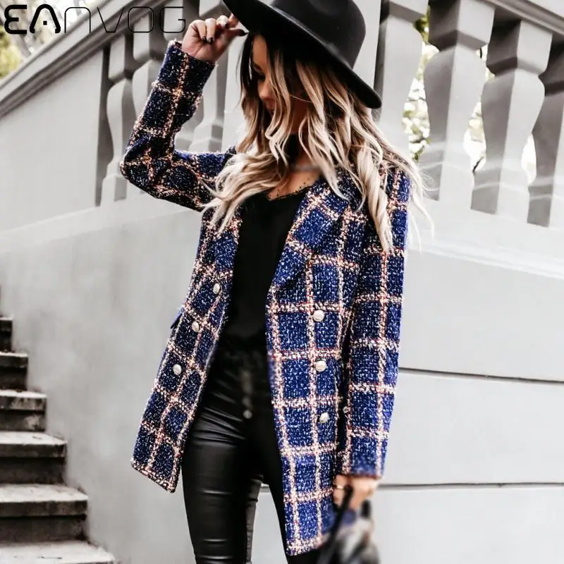 

Vintage Tweed Plaid Blazer Suits 2020 Women Spring-Autumn Jackets Office Ladies Chic Slim Blazers Girls Double Breasted Jacket