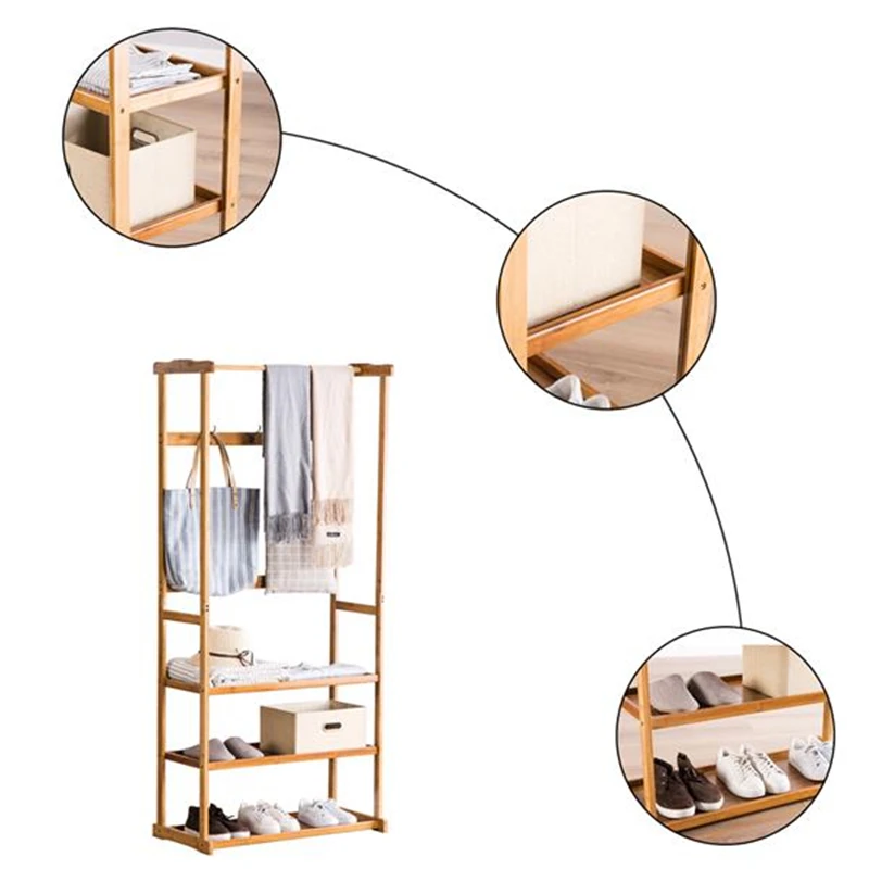 

Three-Layer Coat Rack Bamboo Floor Standing Clothes Hanging Storage Shelf Hanger Racks Garment Closet Living Room Furniture