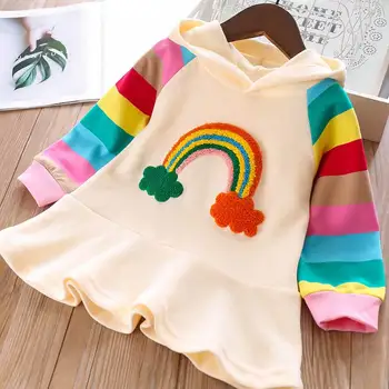 

Casual Baby Girls Dresses Cute Girls white T-Shirt Hooded Dress Rainbow Dress Suit Cute Kids Clothes Autumn Children Clothing