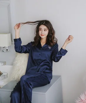 

Women's pajamas sexy Navy blue pajamas women's autumn simulation silk thin long-sleeved home service suit trousers home Wear