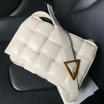 

Cassette Stitching Square Bread Bag Designer Small Plaid Leather Handbag Weave Vintage Retro Lady Messenger Bags Fat Pillow Bag