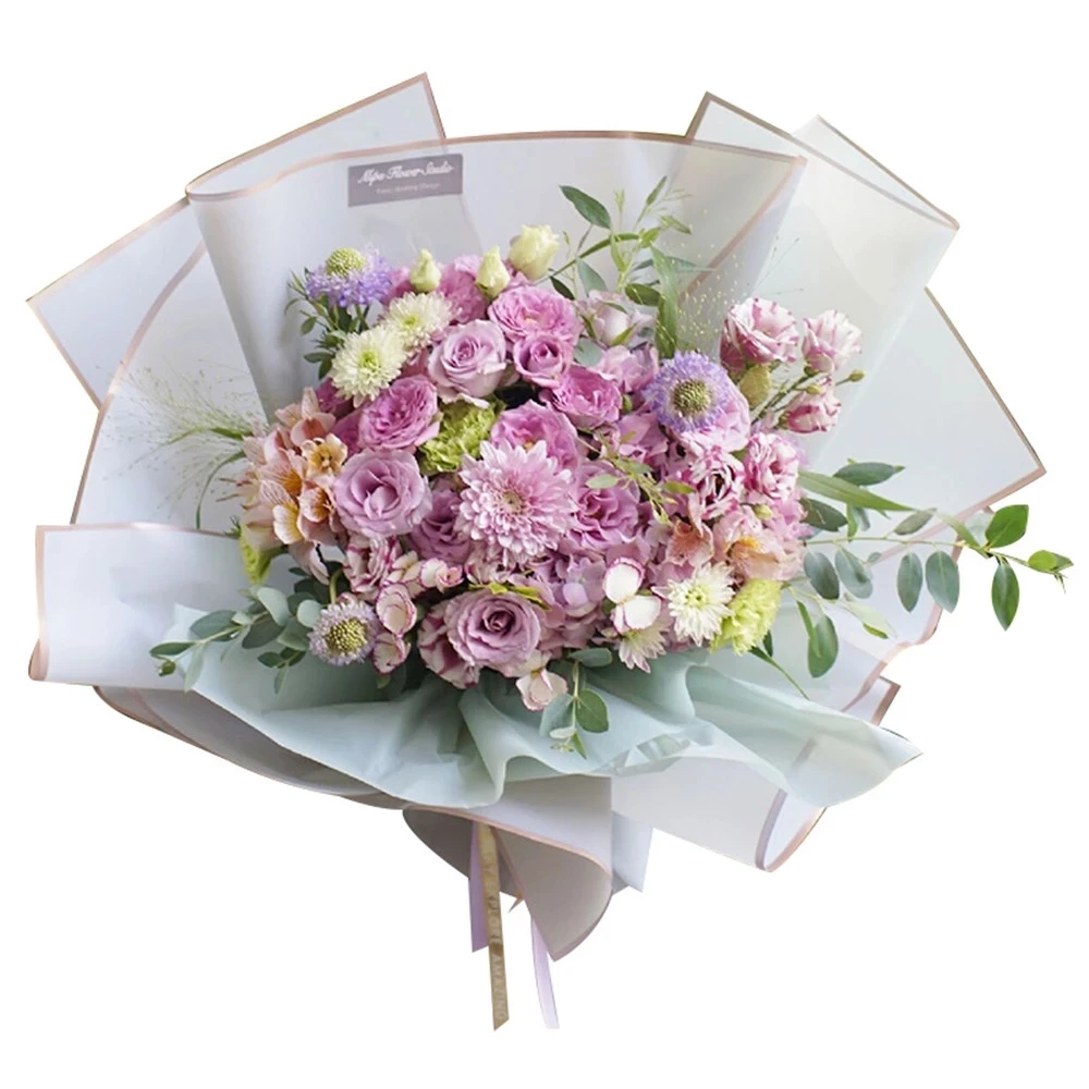 5-Pack Korean Style Gold-Trimmed Floral Bouquet Wrapping Paper