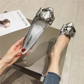 

Women Flats Spring Autumn Buckle Point Toe Flat Heel Slip on Moccasins Shallow Mouth Silver Gray Casual Flats Office Lady 35-41
