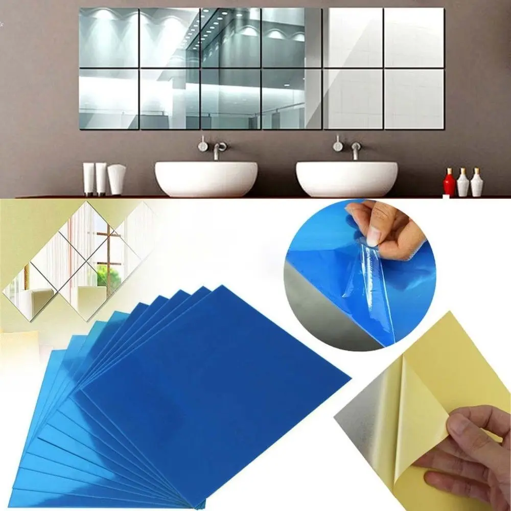 32* Glass Mirror Tiles Wall Sticker Square Self Adhesive Decor Stick On Art/Home 