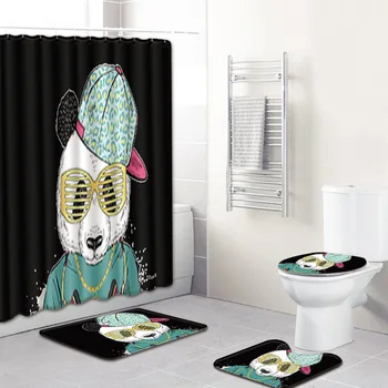 

Cartoon Animal Hand-Painted Cute Mat Shower Curtain Non-Slip Mat 4PCS Set Bathroom Carpet Bath Mats Set Tapis Salle De Bain