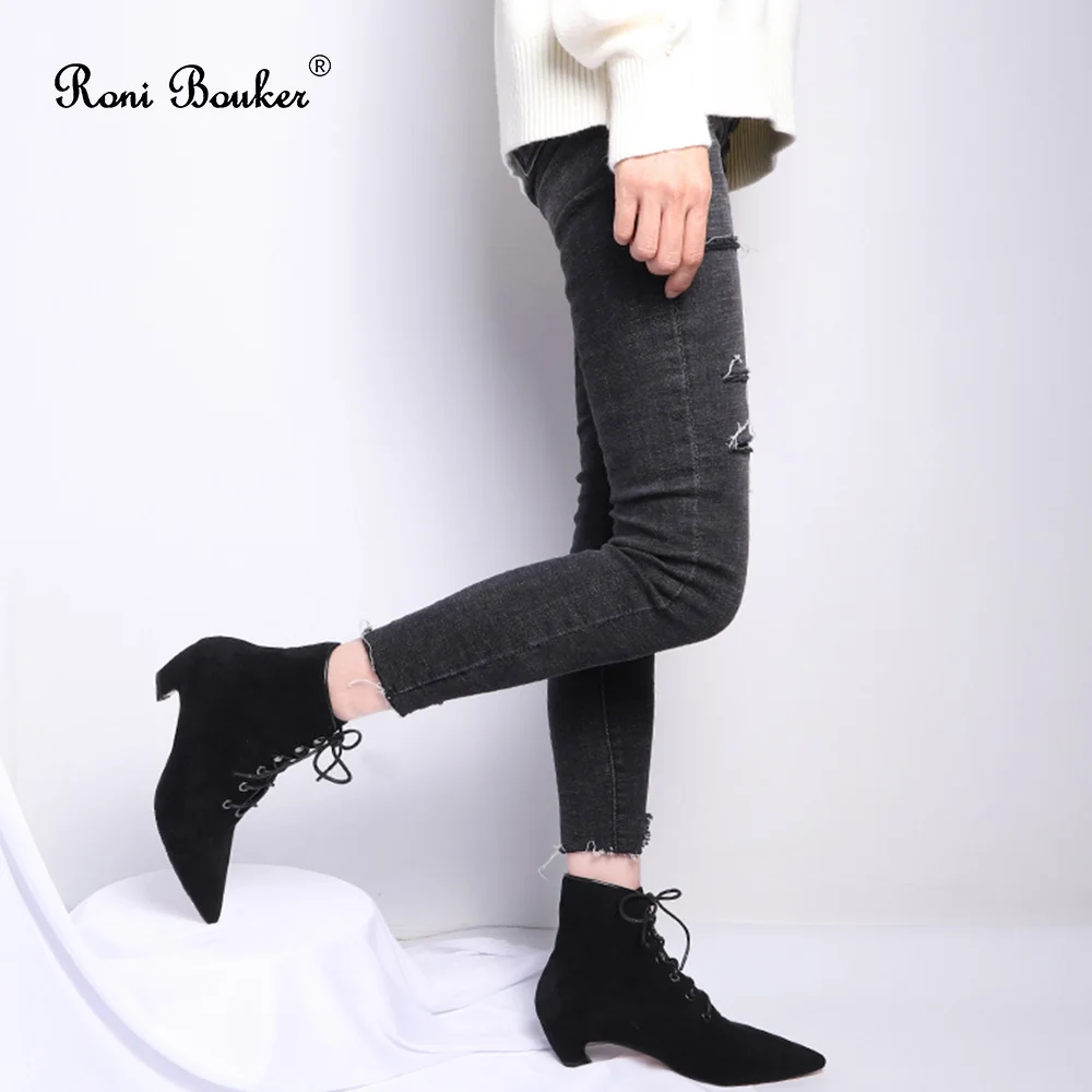 

Roni Bouker Women Ankle Boots Comfort Low Heels Shoes Woman for Autumn Winter Fashion Pointed Toe Lace-up Lady Booties Dropship