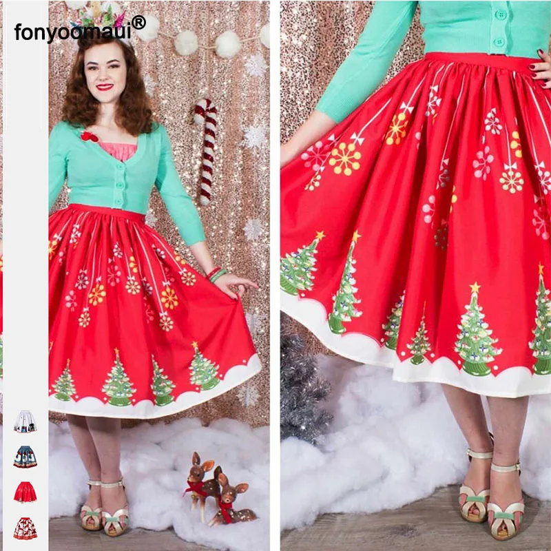 Women Christmas Tree Snow Santa Claus Print Midi Skirt Costume Party New Year Vintage Pleated Short X-Mas Outfit For Girls | Женская