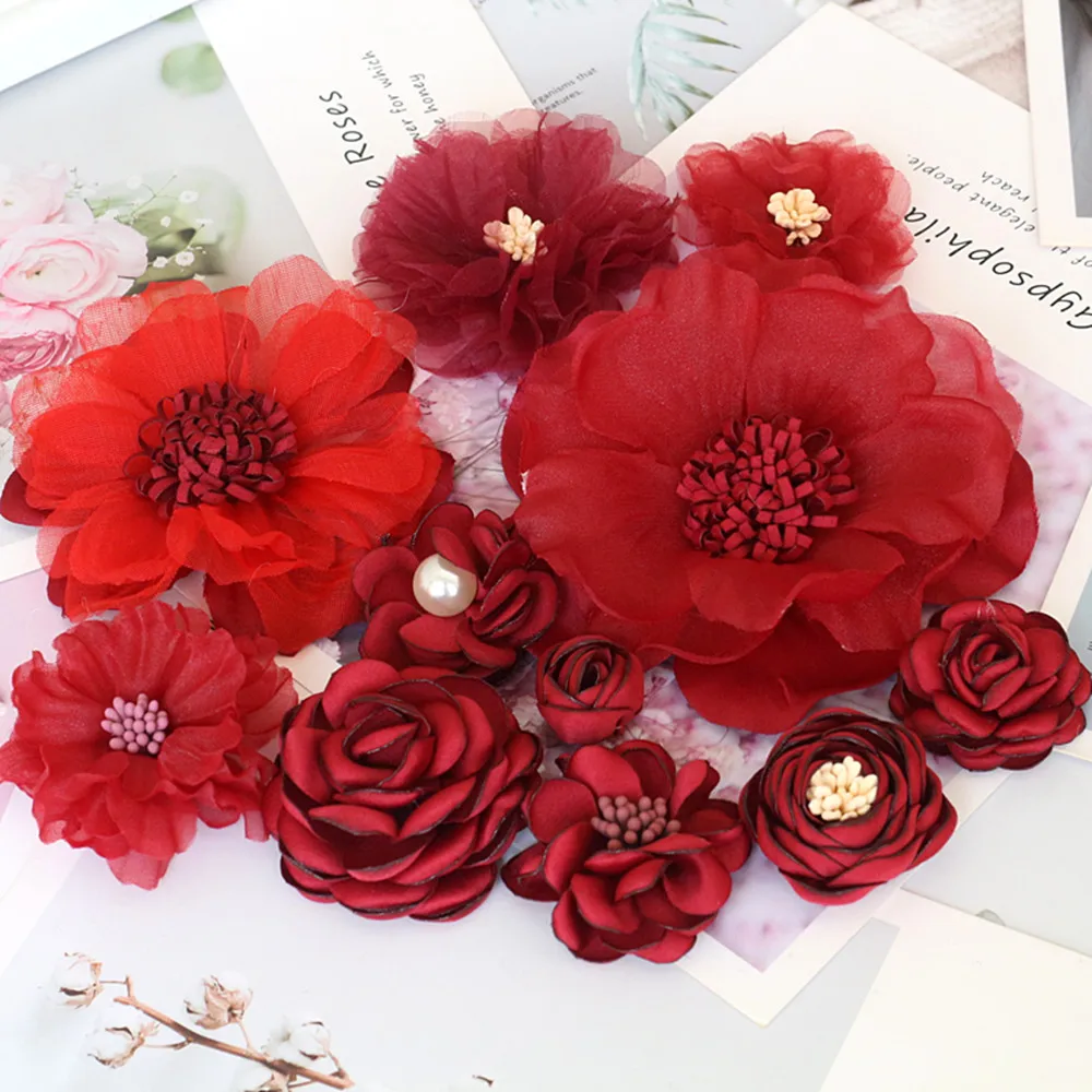 Elegant Red Chiffon Rose Camellia Flowers - Set of 10 for Weddings and Dress Embellishments